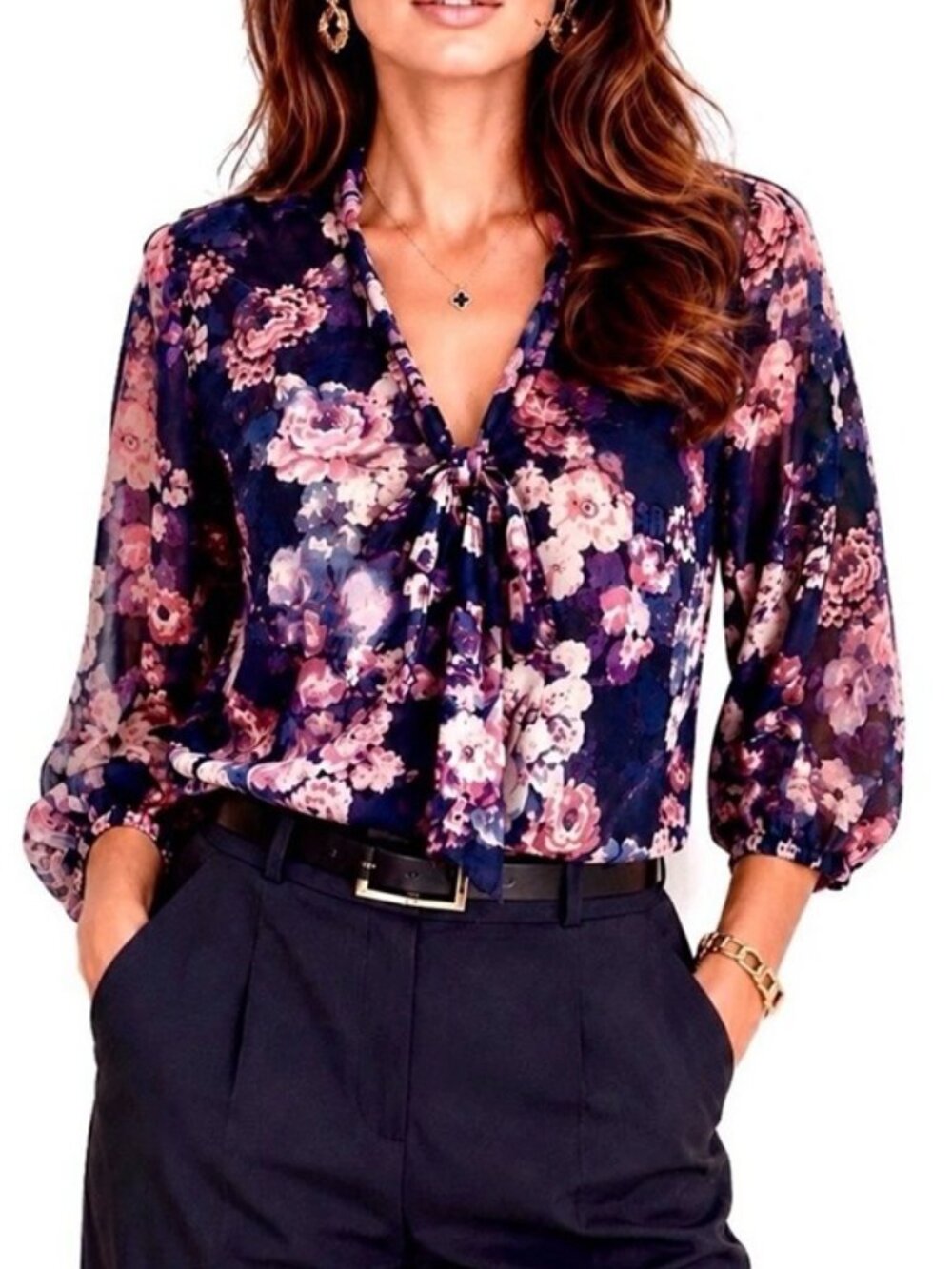 Navy Purple Pink Blush Floral Blouse S Size